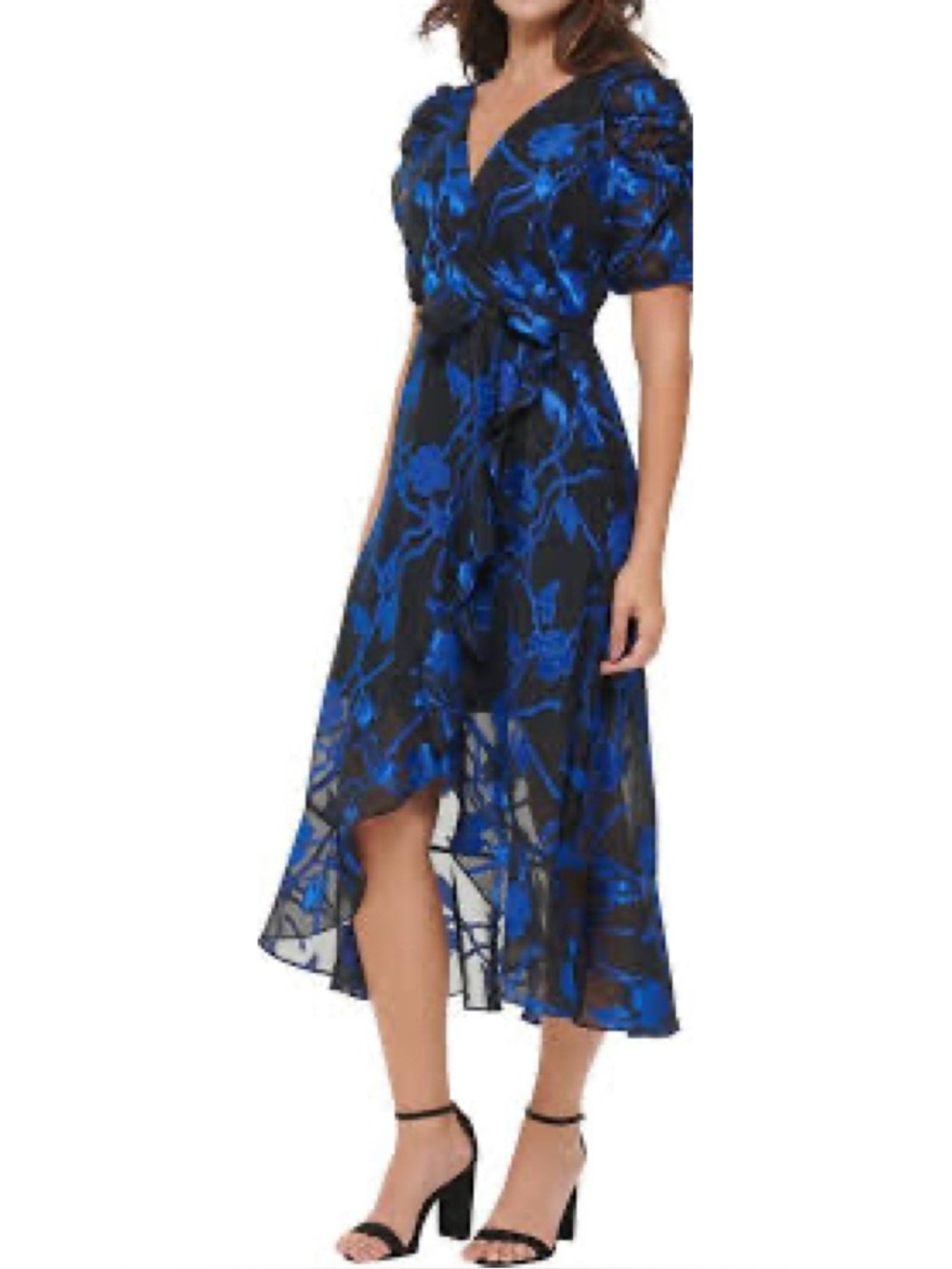 Kensie "Burnout" CBlack and Blue Floral Faux Wrap High-Low Midi Dress -Size 0